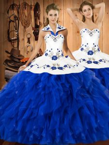 Blue And White Satin and Organza Lace Up Halter Top Sleeveless Floor Length Sweet 16 Quinceanera Dress Embroidery and Ruffles