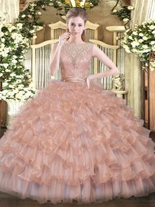 Extravagant Floor Length Ball Gowns Sleeveless Peach 15th Birthday Dress Backless