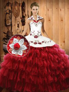 Free and Easy Floor Length Lace Up 15 Quinceanera Dress Wine Red for Military Ball and Sweet 16 and Quinceanera with Embroidery and Ruffled Layers