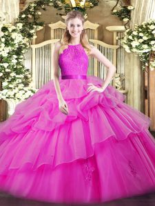 Simple Fuchsia Quince Ball Gowns Military Ball and Sweet 16 and Quinceanera with Lace and Ruffled Layers Scoop Sleeveless Zipper