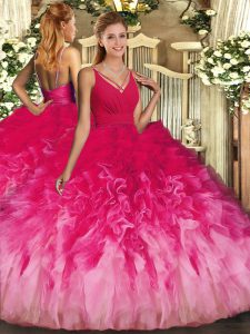 Flare Tulle V-neck Sleeveless Backless Beading and Ruffles Quinceanera Dress in Multi-color