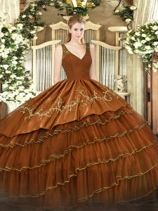 Edgy Rust Red Sleeveless Organza and Taffeta Backless Sweet 16 Dress for Military Ball and Sweet 16 and Quinceanera