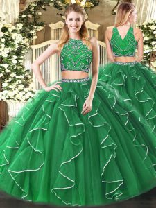 Sleeveless Floor Length Beading and Ruffles Zipper Quinceanera Dresses with Green