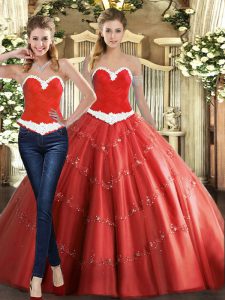 Flare Coral Red Ball Gowns Tulle Sweetheart Sleeveless Beading Floor Length Lace Up Vestidos de Quinceanera