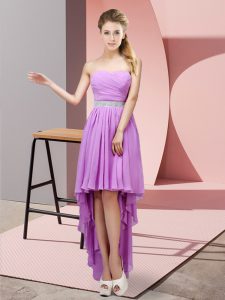 Best Selling Sleeveless Chiffon High Low Lace Up Dama Dress for Quinceanera in Lavender with Beading