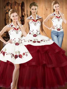 Traditional Wine Red Three Pieces Satin and Organza Halter Top Sleeveless Embroidery and Ruffled Layers With Train Lace Up Sweet 16 Dresses Sweep Train