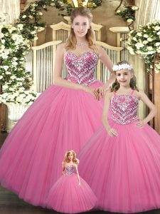 Rose Pink Ball Gowns Beading Quinceanera Dress Lace Up Tulle Sleeveless Floor Length