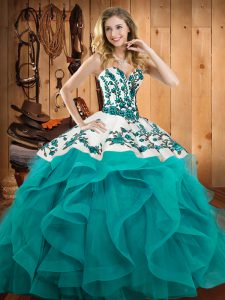 Hot Sale Teal Satin and Organza Lace Up Sweetheart Sleeveless Floor Length Quinceanera Gown Embroidery and Ruffles