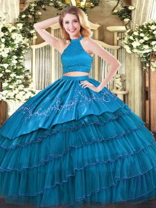 Teal Halter Top Backless Beading and Embroidery and Ruffled Layers 15th Birthday Dress Sleeveless