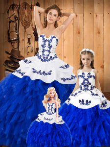 Trendy Lace Strapless Sleeveless Lace Up Embroidery and Ruffles Sweet 16 Dress in Royal Blue