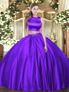 Fancy High-neck Sleeveless Quince Ball Gowns Floor Length Ruching Eggplant Purple Tulle