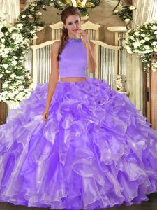 Glittering Lavender Backless Halter Top Beading and Ruffles Ball Gown Prom Dress Organza Sleeveless