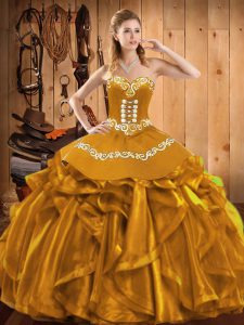 Exquisite Sleeveless Organza Floor Length Lace Up Vestidos de Quinceanera in Gold with Embroidery and Ruffles