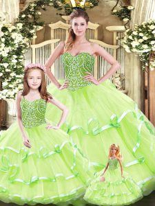Superior Yellow Green Sleeveless Tulle Lace Up Quinceanera Dresses for Military Ball and Sweet 16 and Quinceanera
