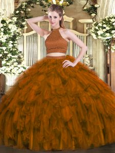 Beading and Ruffles Quince Ball Gowns Brown Backless Sleeveless Floor Length