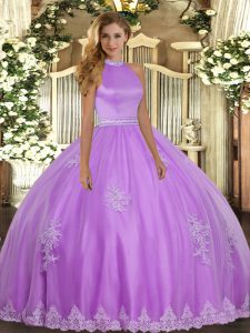 Fashionable Sleeveless Tulle Floor Length Backless Quinceanera Dresses in Lilac with Beading and Appliques