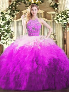 Fashionable Tulle Halter Top Sleeveless Zipper Beading and Ruffles Quinceanera Gown in Multi-color