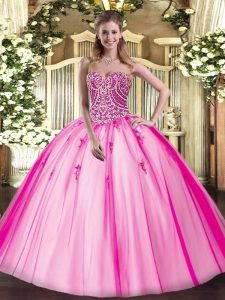 Smart Hot Pink Sleeveless Tulle Lace Up Quince Ball Gowns for Military Ball and Sweet 16 and Quinceanera