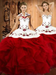 Floor Length Wine Red Sweet 16 Quinceanera Dress Satin and Organza Sleeveless Embroidery and Ruffles