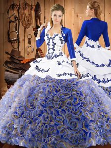 Eye-catching With Train Multi-color Quinceanera Dress Satin and Fabric With Rolling Flowers Sweep Train Sleeveless Embroidery