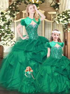 Trendy Green Sleeveless Organza Lace Up 15 Quinceanera Dress for Military Ball and Sweet 16 and Quinceanera