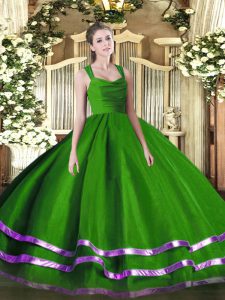 Sleeveless Organza Floor Length Zipper Quinceanera Gowns in Green with Ruffled Layers and Ruching