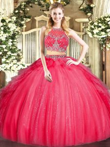 Glittering Red Sleeveless Tulle Zipper 15th Birthday Dress for Military Ball and Sweet 16 and Quinceanera
