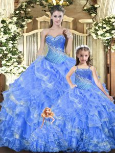 Dazzling Sleeveless Tulle Floor Length Lace Up Vestidos de Quinceanera in Baby Blue with Beading and Ruffles and Ruching