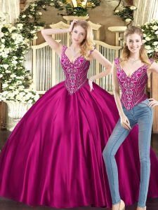 Vintage Beading Quinceanera Gowns Fuchsia Lace Up Sleeveless Floor Length