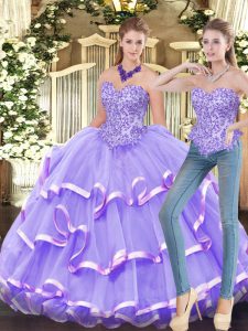 Inexpensive Lavender Two Pieces Sweetheart Sleeveless Organza Floor Length Zipper Appliques and Ruffled Layers 15th Birthday Dress