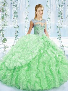 Sexy Apple Green Ball Gowns Sweetheart Sleeveless Organza Brush Train Lace Up Beading and Ruching Ball Gown Prom Dress