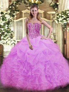 Lilac Ball Gowns Beading and Ruffles Sweet 16 Dresses Lace Up Organza Sleeveless Floor Length