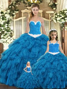 Perfect Teal Ball Gowns Sweetheart Sleeveless Tulle Floor Length Lace Up Ruffles Quince Ball Gowns