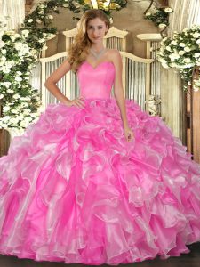 Affordable Rose Pink Quinceanera Gown Military Ball and Sweet 16 and Quinceanera with Beading and Ruffles Sweetheart Sleeveless Lace Up