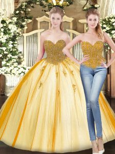 Luxurious Gold Ball Gowns Sweetheart Sleeveless Tulle Floor Length Lace Up Beading and Appliques Sweet 16 Dresses