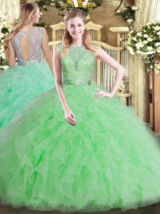 Apple Green Scoop Backless Beading and Ruffles 15 Quinceanera Dress Sleeveless