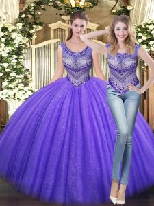 Designer Lavender Tulle Lace Up Scoop Sleeveless Floor Length Quinceanera Dress Beading