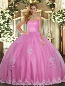 High Quality Floor Length Lace Up Ball Gown Prom Dress Rose Pink for Military Ball and Sweet 16 and Quinceanera with Beading and Appliques