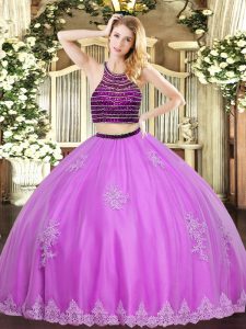 Latest Sleeveless Floor Length Beading and Appliques Zipper Sweet 16 Quinceanera Dress with Lilac