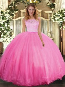 Floor Length Rose Pink Sweet 16 Dresses Tulle Sleeveless Lace
