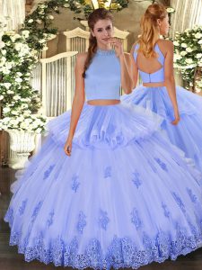 Sleeveless Floor Length Beading and Appliques and Ruffles Backless 15th Birthday Dress with Light Blue