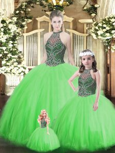 Fashion Green Tulle Lace Up Vestidos de Quinceanera Sleeveless Floor Length Beading
