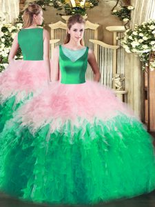 Hot Sale Multi-color Tulle Side Zipper Scoop Sleeveless Floor Length Sweet 16 Quinceanera Dress Beading and Ruffles
