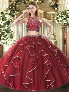 Colorful Burgundy Sleeveless Beading and Ruffles Floor Length Sweet 16 Dresses