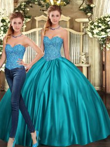 Clearance Teal Ball Gown Prom Dress Military Ball and Sweet 16 and Quinceanera with Beading Sweetheart Sleeveless Lace Up