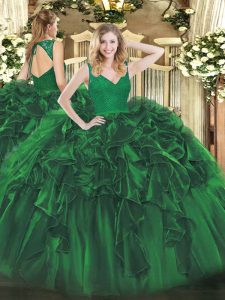 Organza V-neck Sleeveless Backless Beading and Lace and Ruffles Quinceanera Gown in Dark Green