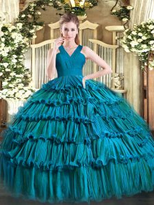 Low Price Teal Zipper Ball Gown Prom Dress Ruffled Layers Sleeveless Floor Length