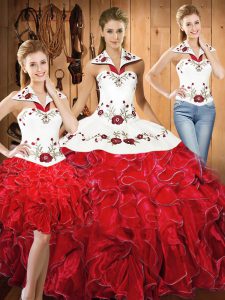 Floor Length Lace Up 15 Quinceanera Dress White And Red for Military Ball and Sweet 16 and Quinceanera with Embroidery and Ruffles
