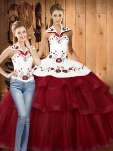 Fabulous With Train Wine Red Quinceanera Dresses Satin and Organza Sweep Train Sleeveless Embroidery and Ruffled Layers