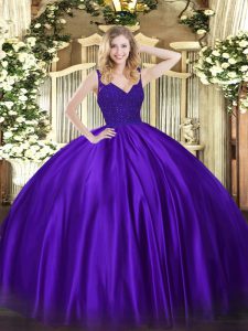 Vintage Purple Ball Gowns Taffeta V-neck Sleeveless Beading Floor Length Zipper 15 Quinceanera Dress